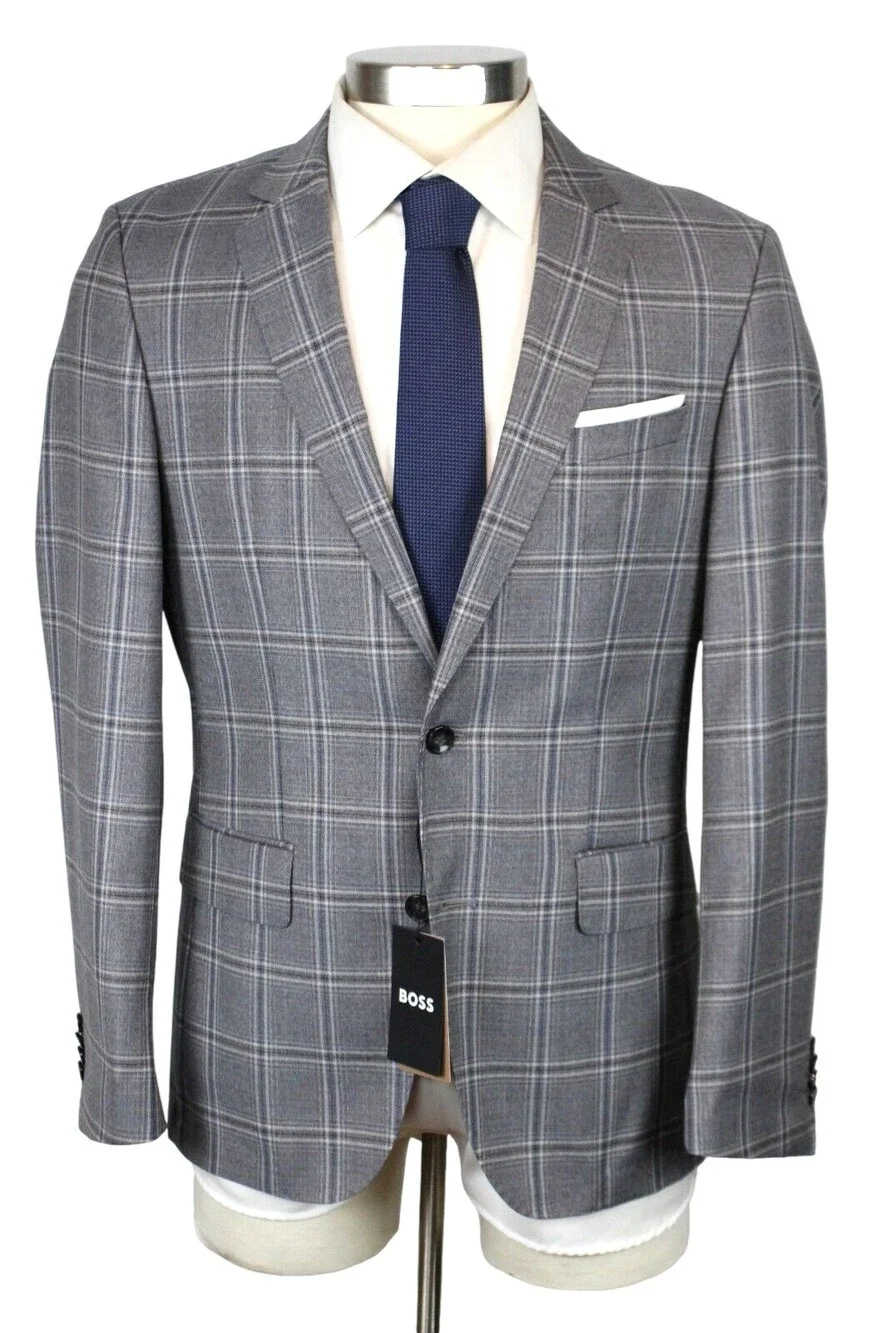 Hugo Boss Hutson Sport Coat 38 R Men's Grey Blue Plaid Wool Slim Fit Blazer New